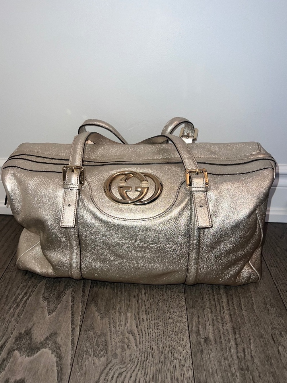 Gucci Metallic Champagne Leather Travel Bag with Gold Hardware